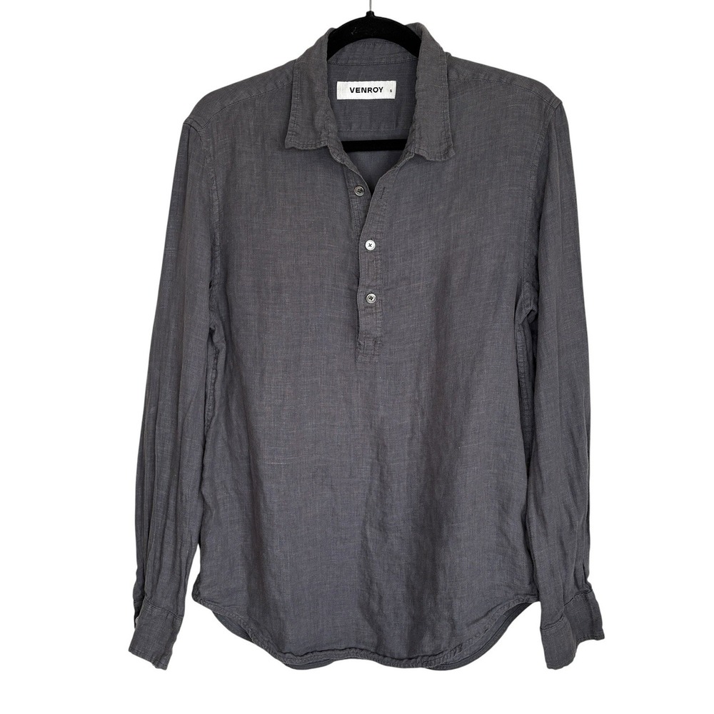 Venroy Linen 1/4 button Shirt Top Women Small Coastal Minimalist Capsule Long Sl